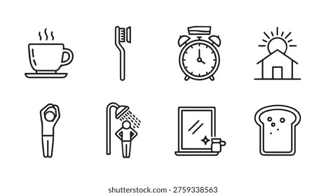 Collection of simple line icons representing morning activities: coffee brushing teeth alarm clock sunrise shower mirror and toast