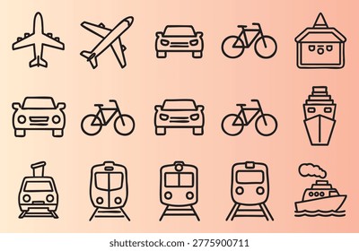 Collection of simple line icons representing various transportation and travel methods