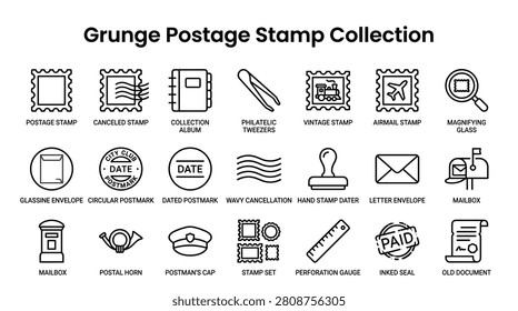 Collection of simple line icons representing a grunge postage stamp collection. Illustrations include postage stamps, canceled stamps, collection albums, philatelic tweezers, vintage stamps, airmail stamps, magnifying glass, glassine envelopes, circular postmarks, dated postmarks, wavy cancellations, hand stamp daters, letter envelopes, mailboxes, postal horns, postman's caps, stamp sets, perforation gauges, inked seals, and old documents.