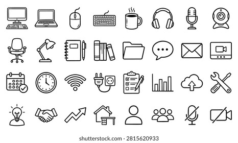 A collection of simple line icons representing various office and business-related items and concepts, including technology, communication, and productivity tools.