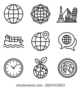 Collection of simple line icons representing global travel, communication, and landmarks.