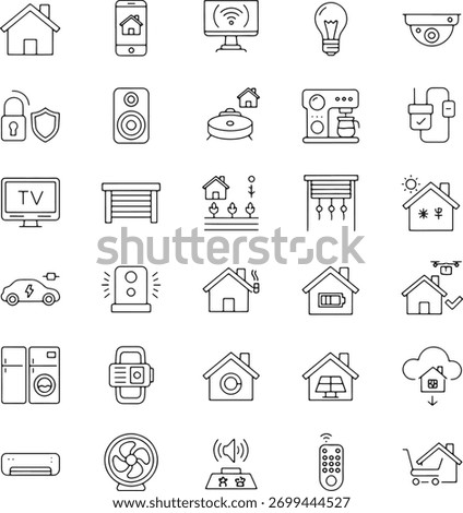 A collection of simple line icons representing various smart home devices and features, including security, entertainment, climate control, and connectivity, all presented on a clean white background