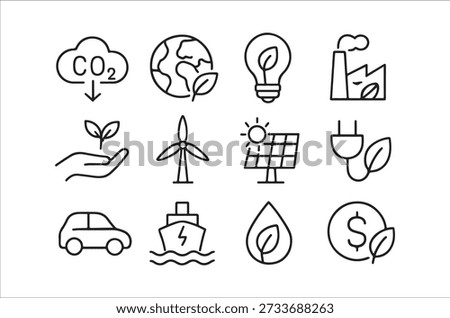 A collection of simple line icons representing environmental sustainability and energy sources.