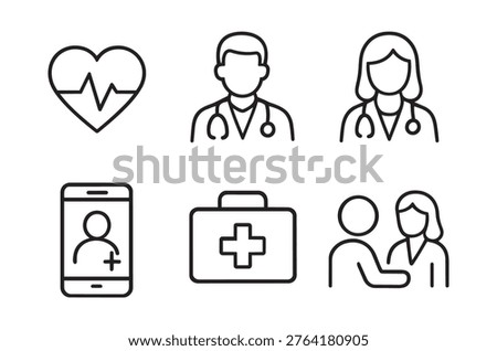 Collection of simple line icons representing medical professionals, patients, and related services.