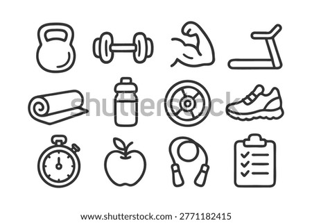 A collection of simple line icons representing various fitness equipment and activities for health and wellness concepts