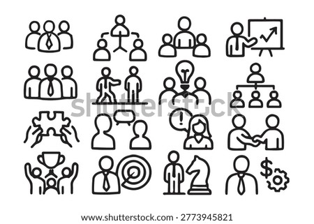 A collection of simple line icons representing business management, teamwork, leadership, corporate structure, and professional communication concepts.
