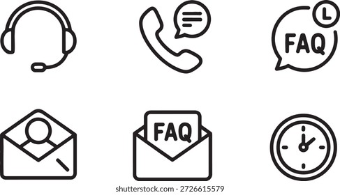 Colección de íconos de línea simples que simbolizan herramientas de Asistencia al cliente y comunicación, incluidos recursos de preguntas frecuentes y métodos de contacto.