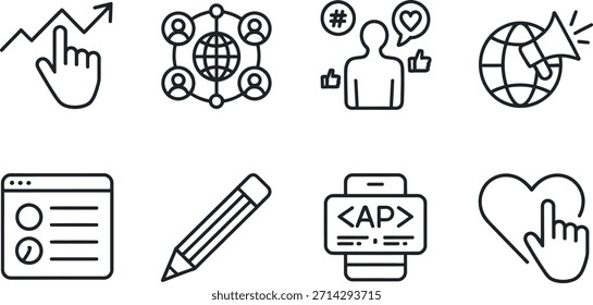 Coleção de ícones de linha simples para desenvolvimento web e mídias sociais
