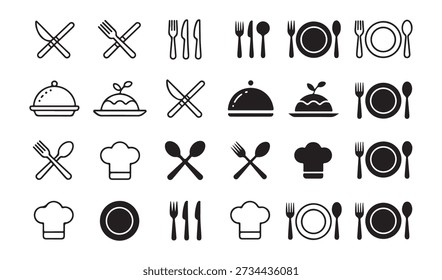 Collection of simple line and solid restaurant icons including cutlery, chef hats, and served dishes