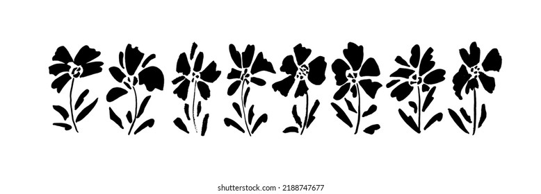 Collection simple linear  black flowers aster on stems isolated on white, hand drawn. Floral brush strokes set.  Ink texture with aster flowers. Botanical grunge ornament. 
