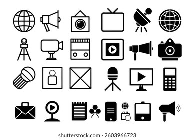 Collection of simple linear black icons on transparent background that represent media devices, communication and global network symbols for design use.