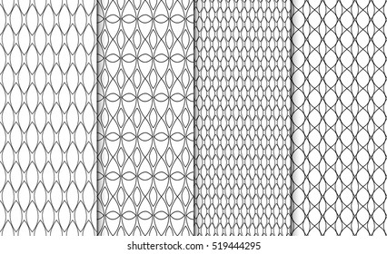 Collection of simple linear black and white geometric pattern textures. Set of 4 backgrounds. Seamless repeating retro style texture set.