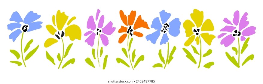 Collection simple linear  colored flowers aster on stems isolated on white, hand drawn.  Multi colored floral brush strokes set.  Ink texture with aster flowers. Botanical grunge ornament. 