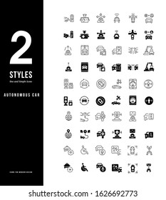 Collection simple and linear icons of autonomous car on a white background. Modern black and white signs for websites, mobile apps, and concepts
