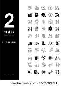 Collection simple and linear icons of bike sharing on a white background. Modern black and white signs for websites, mobile apps, and concepts