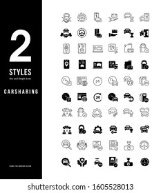 Collection simple and linear icons of carsharing on a white background. Modern black and white signs for websites, mobile apps, and concepts