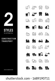 Collection simple and linear icons of construction transport on a white background. Modern black and white signs for websites, mobile apps, and concepts