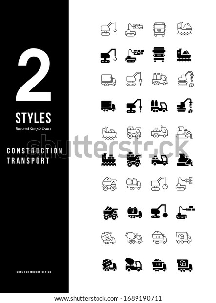 Collection simple and linear icons of\
construction transport on a white background. Modern black and\
white signs for websites, mobile apps, and\
concepts