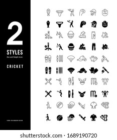 Collection simple and linear icons of cricket on a white background. Modern black and white signs for websites, mobile apps, and concepts