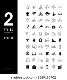 Collection simple and linear icons of cycling on a white background. Modern black and white signs for websites, mobile apps, and concepts