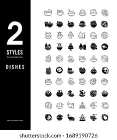 Colección de iconos simples y lineales de platos sobre fondo blanco. Signos modernos en blanco y negro para sitios web, aplicaciones móviles y conceptos