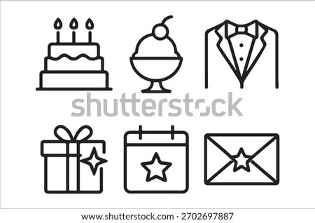 A collection of simple, linear icons representing various celebratory occasions and items.
