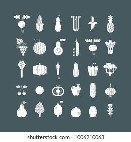 Collection of simple linear icons with stylized vegetables and fruits. White glyphs on dark background. Vector isolated pictograms. Unique design.