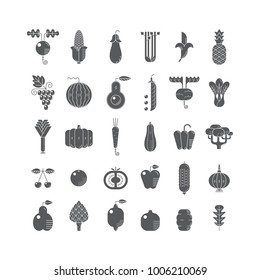 Collection of simple linear icons with stylized vegetables and fruits. Black glyphs on white background. Vector isolated pictograms. Unique design.