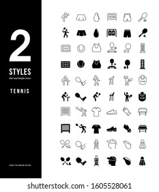 Collection simple and linear icons of tennis on a white background. Modern black and white signs for websites, mobile apps, and concepts
