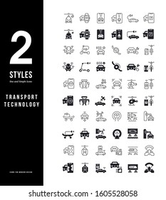 Collection simple and linear icons of transport technology on a white background. Modern black and white signs for websites, mobile apps, and concepts