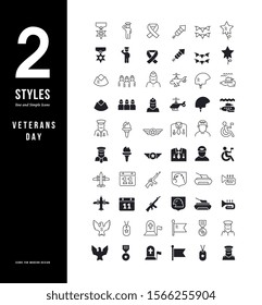 Collection simple and linear icons of veterans day on a white background. Modern black and white signs for websites, mobile apps, and concepts
