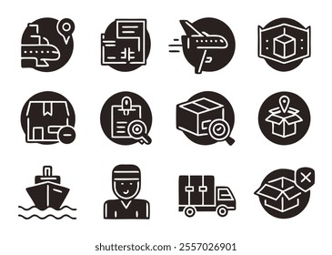 A collection of simple, linear web icons representing various delivery methods and services, including trucks, boxes, packages, airplanes, drones, and more. 