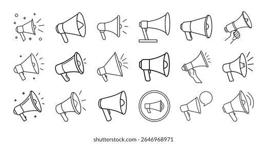 Uma coleção de ícones simples, ilustrando megafones em vários estilos e orientações. Esses ícones representam comunicação, anúncios e endereço público, isolados em um fundo branco limpo