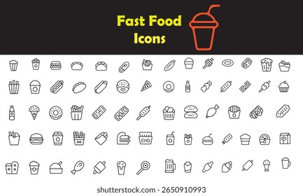 A collection of simple, line-art icons representing various fast food items. The distinctive silhouette style features clean outlines of burgers, fries, hot dogs, drinks, and sweets, perfect for menus