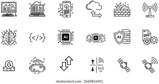 Collection of simple, line-art icons representing various technology concepts, including computers, mobile devices, cloud computing, AI, data transfer, secur...