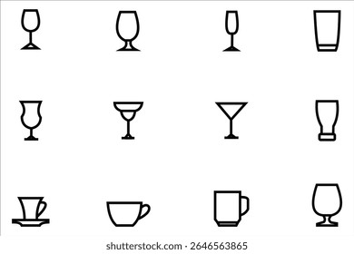  Uma coleção de ícones vetoriais simples, representando vários tipos de utensílios, incluindo copos de vinho, copos de coquetel, copos e copos. Perfeito para menus, receitas ou bebidas relacionadas