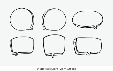 A collection of simple lines hand drawn speech bubbles in various shapes. Set of simple of hand drawn speech bubbles in various sizes and shapes. Set of simple lines hand drawn speech bubbles