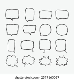 A collection of simple lines hand drawn speech bubbles in various shapes. Set of simple of hand drawn speech bubbles in various sizes and shapes. Set of simple lines hand drawn speech bubbles