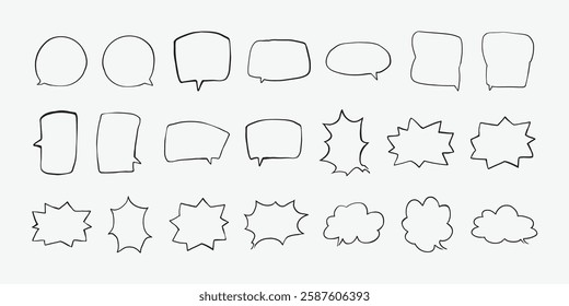 A collection of simple lines hand drawn speech bubbles in various shapes. Set of simple of hand drawn speech bubbles in various sizes and shapes. Set of simple lines hand drawn speech bubbles