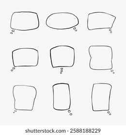 A collection of simple lines hand drawn speech bubbles in various shapes. Set of simple of hand drawn speech bubbles in various sizes and shapes. Set of simple lines hand drawn speech bubbles