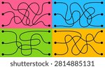 Collection of simple maze puzzles with curved paths for children. Educational worksheet template for preschool, kindergarten, homeschooling, printable games and learning activities.