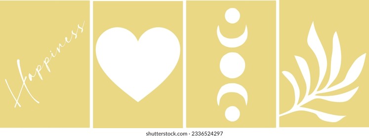 collection of simple minimalist abstract posters in yellow tones with white objects: heart, circles, moon, plant silhouette and text happiness