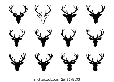 A collection of simple, minimalist deer head and antler silhouettes presented on a clean white background. This versatile set is ideal for various design applications requiring a touch of nature.