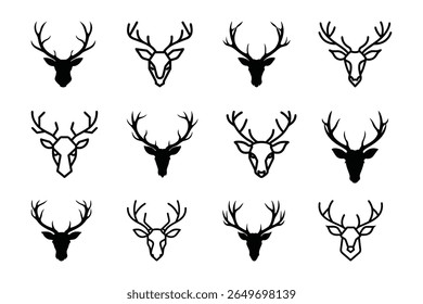 A collection of simple, minimalist deer head and antler silhouettes presented on a clean white background. Ideal for graphic design, branding, and decorative purposes.