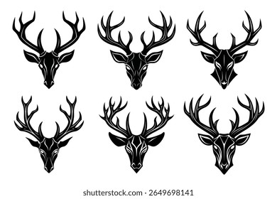 A collection of simple, minimalist deer head and antler silhouettes presented on a clean white background, ideal for graphic design and branding projects.