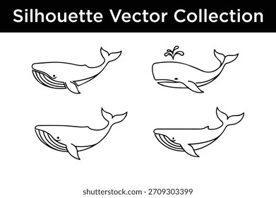Una colección de siluetas de Vector de ballena simples y minimalistas, incluyendo una chorra de agua, perfecto para diseños marinos.