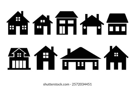 A collection of simple and minimalistic house icons, featuring various architectural styles. Ideal for use in real estate, construction, or design projects. These vector-based designs can be easily cu