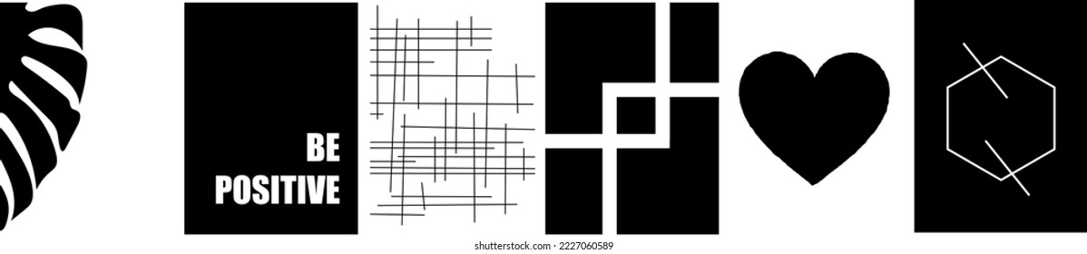 Collection of simple modern abstractions in boho style in monochrome shades: monstera leaf, geometric shapes (stripes and polygon), hearts on a white and black background. Text be positive