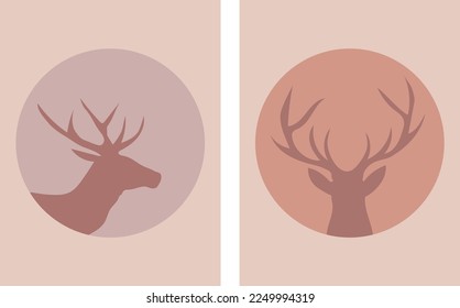 Collection of simple modern abstractions: deer head silhouettes in a geometric figure (circle) on a colored background