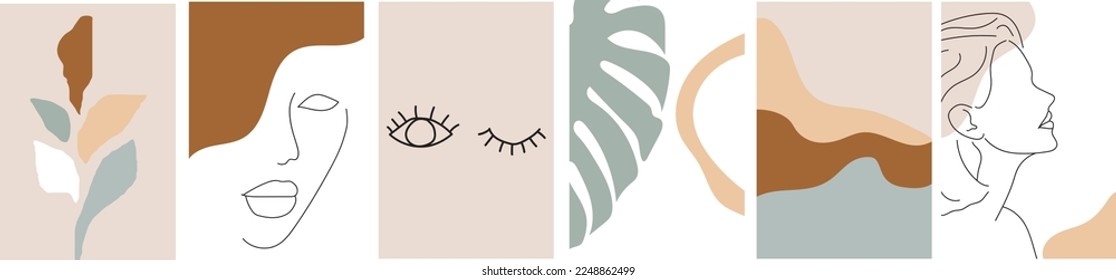 collection of simple modern abstractions linear silhouettes of women with geometric shapes, eyes, monstera leaf and minimalistic landscape on a colored background